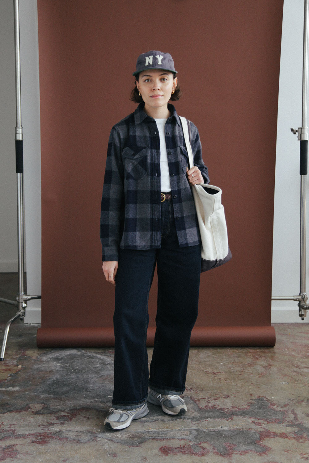 Gallery images of the Women’s Japanese Indigo Check Flannel Shirt (Grey)