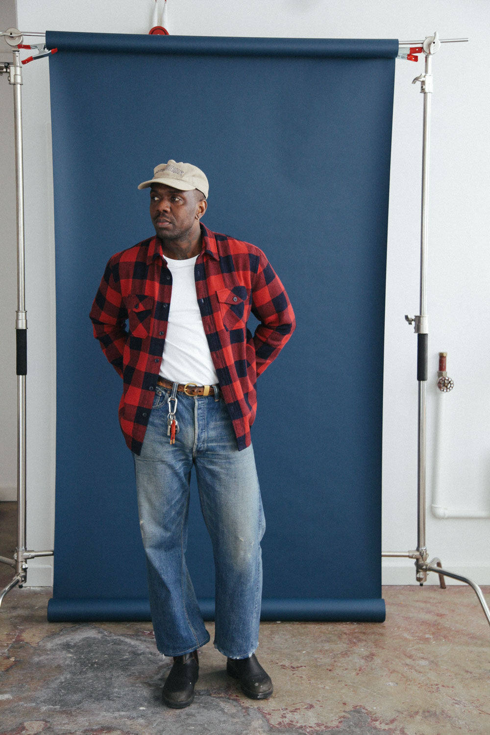 Gallery images of the Men’s Japanese Indigo Check Flannel Shirt (Red)