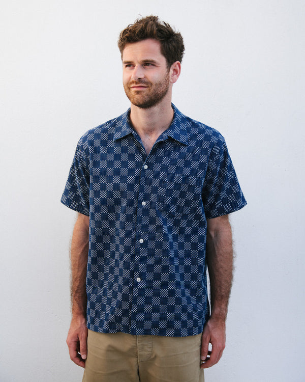 Indigo Sashiko Camp Collar Shirt (Sample)