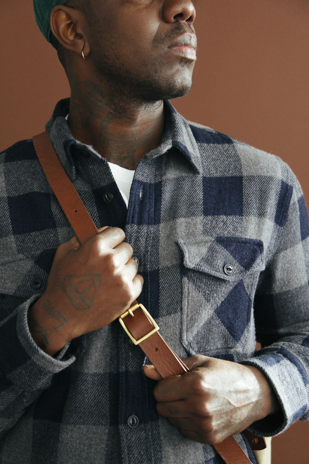 Gallery images of the Men’s Japanese Indigo Check Flannel Shirt (Grey)