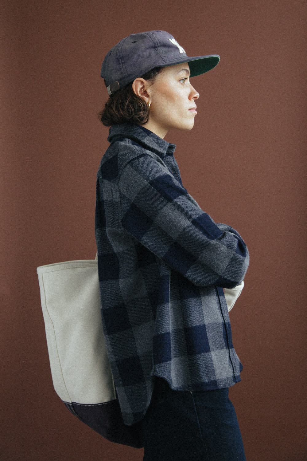 Gallery images of the Women’s Japanese Indigo Check Flannel Shirt (Grey) - Pre Order