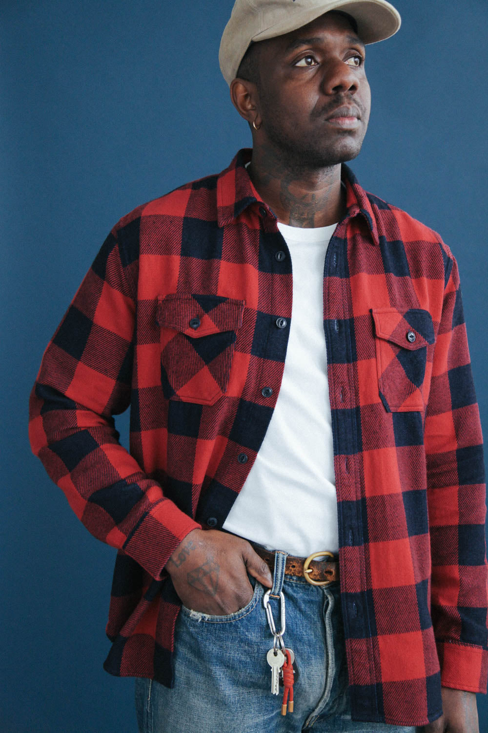 Gallery images of the Men’s Japanese Indigo Check Flannel Shirt (Red)