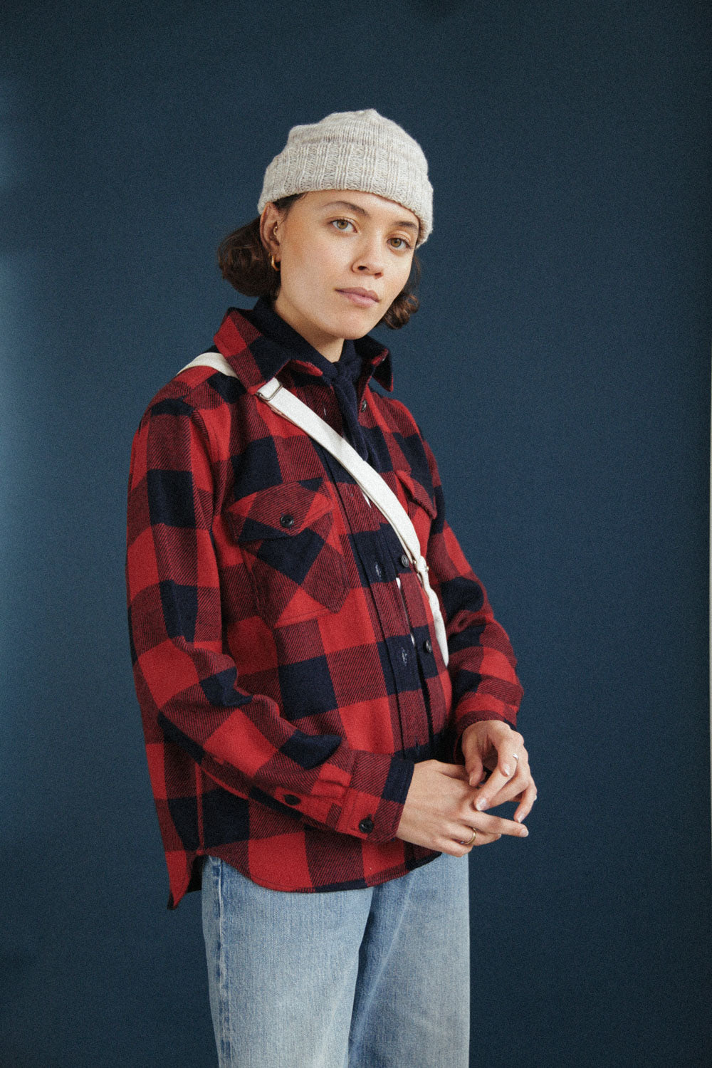 Gallery images of the Women’s Japanese Indigo Check Flannel Shirt (Red)